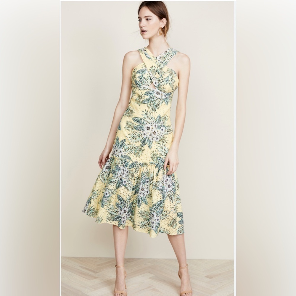 BB Dakota Yellow and Blue Pleated Halter Midi Dress